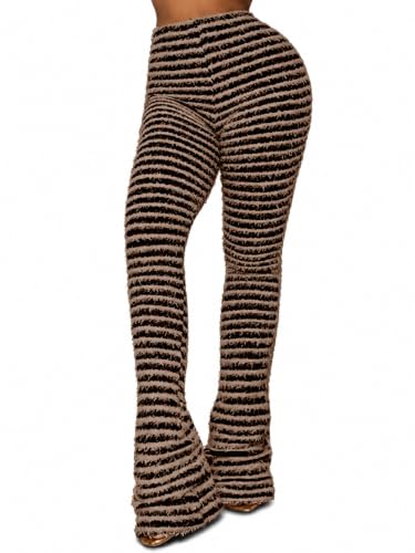 Wcuvbv Stacked Pants for Women Fuzzy Striped High Waist Patchwork Bodycon Bell Bottoms Sweatpants Brown L