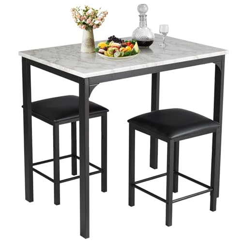 RELAX4LIFE Esstisch Set 3-teilig, Esszimmertisch mit 2 Gepolsterten Barhockern, Küchentischset mit Metallgestell, Essgruppe für 2 Personen, Esszimmergruppe für Küche & Esszimmer (Weiß)