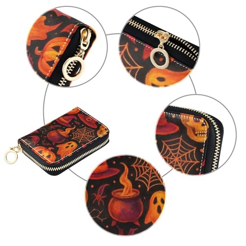 Halloween Pumpkins Black Women's Wallet Leather Cute Card Holder Wallets RFID Blocking Colored Travel Wallet with Zipper4
