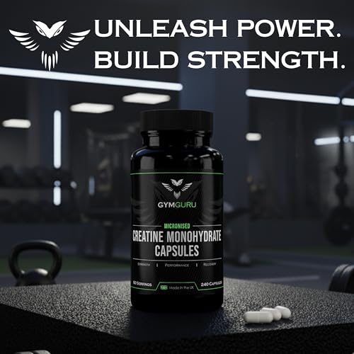 Gym Guru® Creatine Monohydrate Capsules (UK Made) - 240 Creatine Tablets, Micronized, 3000mg, 60 Servings - Vegan Gym Supplement for Men & Women - Muscle Growth, Strength & Performance