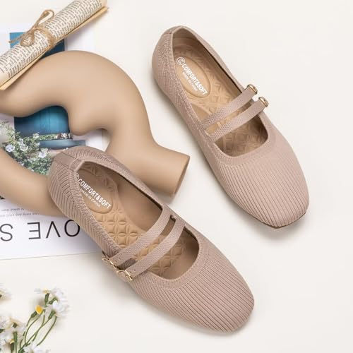Image of Frank Mully Women's Flats Square Toe Mary Jane Shoes Ballet Flats with Strap Comfortable Slip On Knit Shoes Dressy Casual