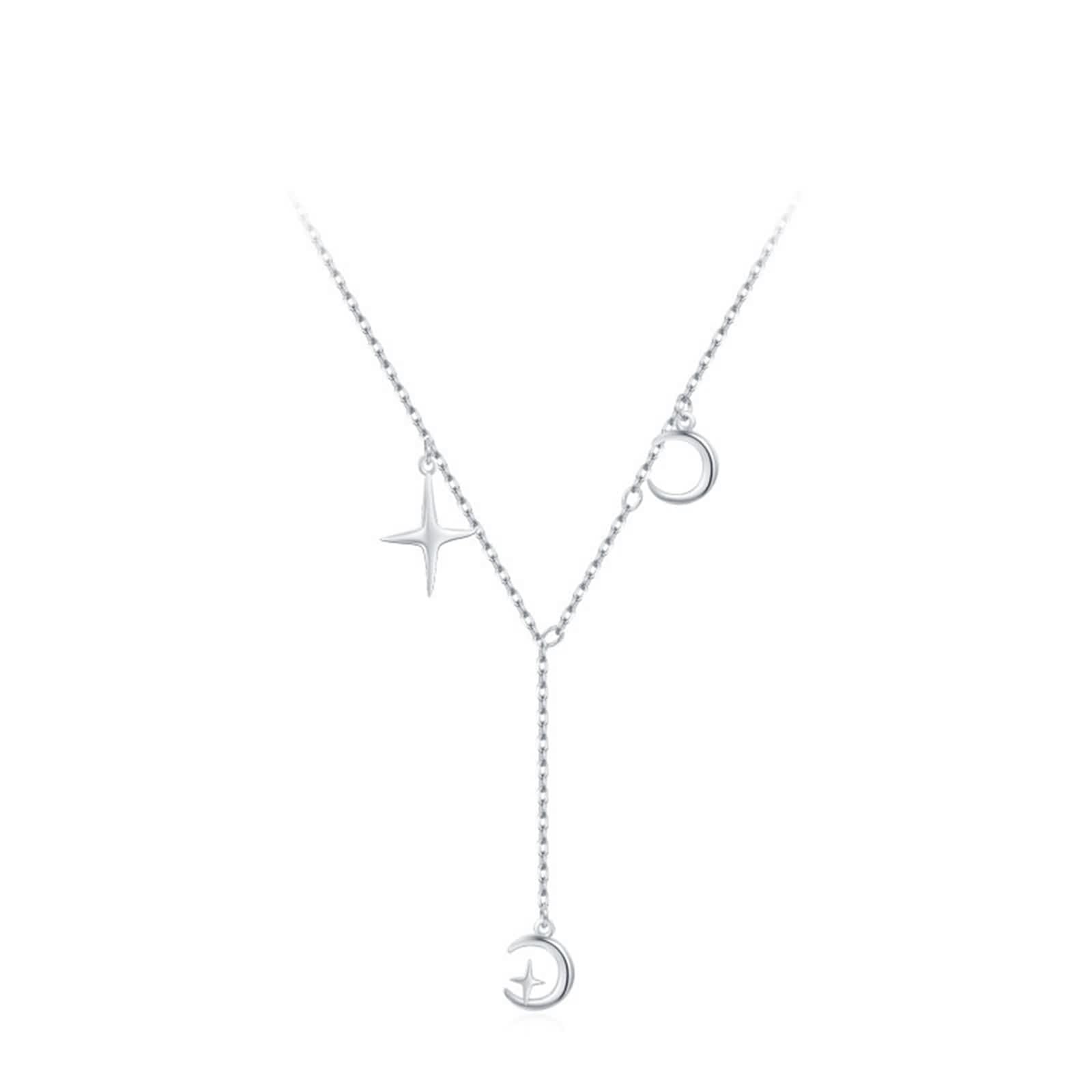 Collane Oro Bianco, Collana Lunga Donna Ciondolo Catenina Gioielli Oro Bianco 9K/14K/18K Stella Luna 40+5cm
