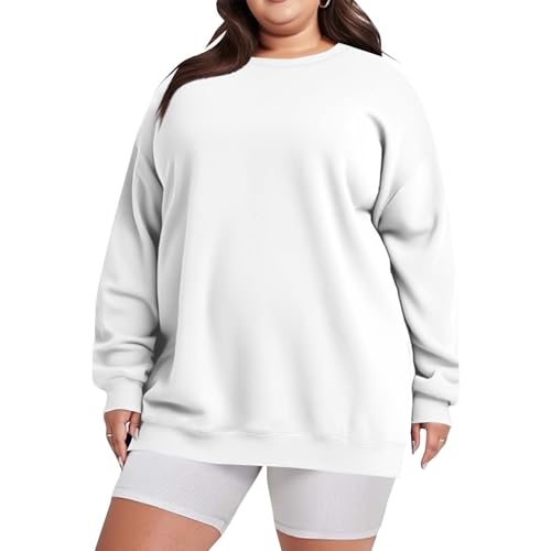 Sudaderas sin capucha para mujer, talla grande, cuello redondo, casual, holgada, básica, de manga larga, de microforro polar, lisas, para otoño e invierno, blanco, L