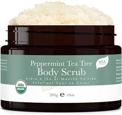 Peppermint Tea Tree Organic Body Scrub - USA Made Sugar Scrub with Natural Ingredients, Moisturizing Body & Foot Exfoliator for Dry and Sensitive Skin, Removes Dead Skin Cells & Reduces Ingrown Hair