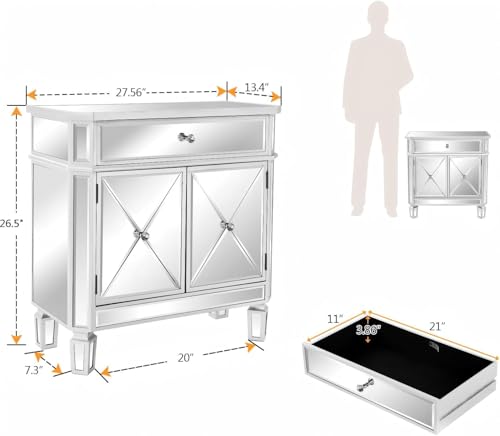 Image of VINGLI Mirrored Cabinet, Mirrored Nightstand, Mirrored Dresser Accent Chest, Large Mirror Nightstand with 1 Drawer and Two Doors, 27.5 inchW x 13.4 inchD x 26.5 inchH, Mirror
