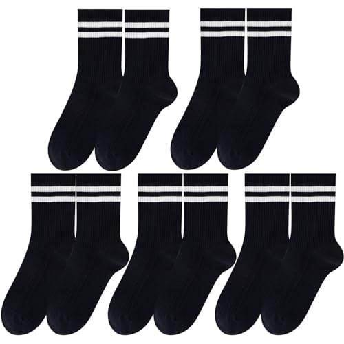 SailingTailor Solid Color Two Stripe Crew Socks Retro Cute Sports Running Casual Athletic School Sneaker Quarter Striped Black Socks for Women Girls