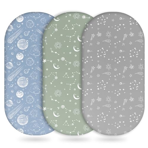 Image of Unnivoll Baby Bassinet Sheets Girl Boy, Fitted Bassinet Sheet Set 3 Pack Bassinet Mattress Sheets Universal Fit for Rectangle, Round, Oval, Hourglass Mattress, Soft Breathable Green Gray Constellation