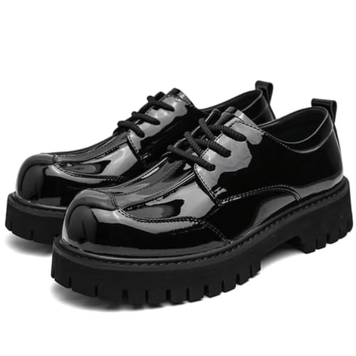 Image of Men's Patent Leather Platform Dress Shoes Classic Round Toe Thick Lug Sole Lace Up Oxfords Comfort Block Heel Derby Business Casual Shoes