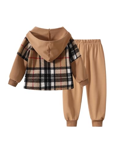 Image of 2Pcs Kids Boys Flannel Plaid Shirt Tops Pants Set Hoodie Sweatsuit for Fall Winter Spring Outfits 4-12 Years