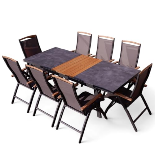 ALEOS. Gartengarnitur Gartenset Aluminium Teak Set mit Ausziehtisch 180x90cm auf 240cm ausziehbar + 8 Hochlehner anthrazit Trinidad