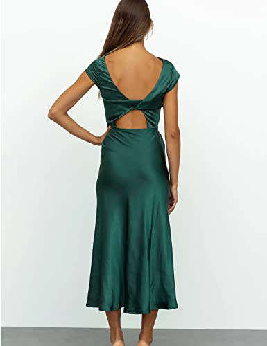 Women's Summer Satin Elegance Backless Twist Cap Sleeves Midi Dress 2023 Sexy Cowl Neck Slit Cocktail Wedding Guest Dresses Dark Green #TOP3