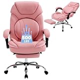 linting Comfy Reclining Office Chair with Footrest for Women Wide Seat Big Tall Computer Gaming Chair, 500lb Plus Size Ergonomic Recliner Office Desk Chair with Leg Rest, Pink