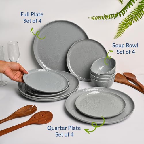 Image of Market99 Heavy-Duty Grey Hammered Melamine Dinner Set - 12 Pieces | Includes 4 Dinner Plates, 4 Side Plates & 4 Soup Bowls | Matte Finish Tableware for Daily Meals, Kitchen & Modern Dining Setup