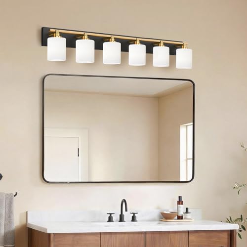 Image of Modern Bathroom Lighting Fixtures Over Mirror, Vanity Lights for Bathroom, Wall Sconces with Milky White Glass Shades, E26 Ceramic Socket, 6-Light 43-inch Black and Gold