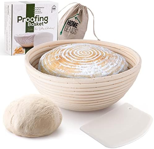 9 Inch HomeGenics Proofing Basket - With Scraper, Cloth Bag, and Recipe Book, Smooth and Splinter-Free Finish Bread Basket, Handcrafted, For Bread Making Tools Supplies