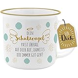 Wunderschöne Kaffeetasse aus Steinzeug mit Schutzengel-Motiv und Spruch „Dein Schutzengel passt überall auf Dich auf, damit es Dir immer gut geht! “