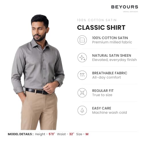 Image of BEYOURS Men's Full Sleeve Shirt Regular Fit Spread Collar 100% Cotton Satin Office & Formal.