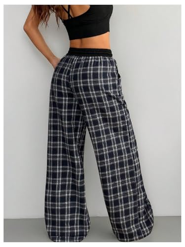 SOLY HUX Women's Plaid Checkered Pants Wide Leg Baggy Flannel Pajama Pants Cute Lounge Elastic Trousers with Pockets2