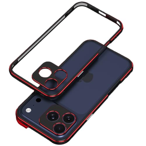 iPhone 17 Pro Max 用 ケース スリムなメタルフレーム アルミニウム製のエッジフレームで、軽量で衝撃に強く、落下に強く、スクラッチに強いデザインで、カメラの保護機能付きです, ブラックレッド