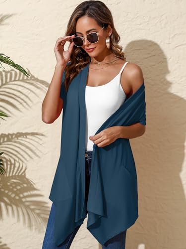 Image of Women's Lightweight Open Front Cardigans Short Sleeve Casual Soft Sheer Cardigan S-2XL with Pockets