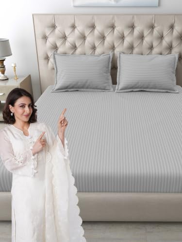 Image of Mafatlal Italian Strip Bedsheets with 2 Pillow Covers for King Size Bed | 210 TC Pure Cotton Flat Sheet Gray | 108 x 108 Inches| Everyday Comfort & Style