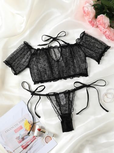 Image of Lilosy Sexy Stretch Ruffle Tie Sheer Mesh Lingerie Set Outfits