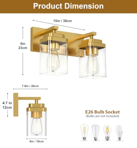 Image of Brushed Gold Bathroom Light Fixtures, 2 Lights Bathroom Lighting Fixtures Over Mirror, Square Design & Rectangle Large Backplate, Modern Vanity Lighting Fixtures, for Living Room /Bedroom