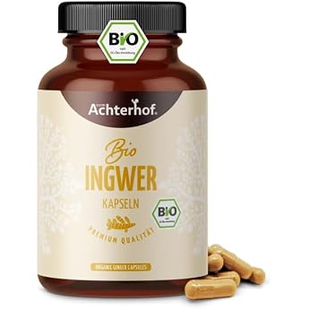 Achterhof Organic Ginger Capsules Pack of 160 500 mg Ginger Powder per Capsule Made from 100% Ginger Powder of Highest Organic Quality Suitable for Vegan Diet