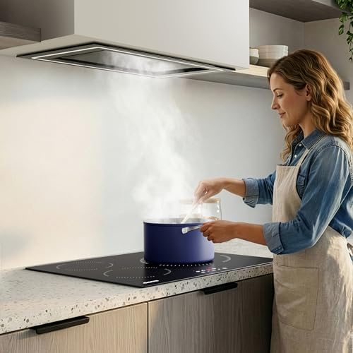 CIARRA 52 cm integrierte Dunstabzugshaube, eingebauter Küchenabluftventilator mit Wellensteuerung, LED-Licht, Kohlefilter, Umluft- und Luftführungsoptionen, schlanke Unterschrank-Küchenhaube