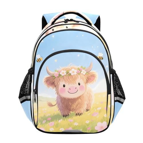 Kids Backpack with Whistle Strap & Reflective Strips Cow Spring Meadows Schoolbag for Ages 3-8
