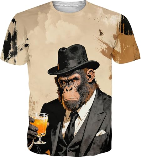 RAISEVERN Mens Graphic T-Shirts Funny Monkey Shirts Cool Crewneck Short Sleeve Gorilla Tees Holiday Crazy T Shirt Summer Top L