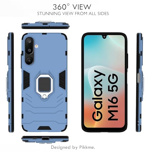 Image of Pikkme Back Cover for Samsung Galaxy M16 5G | 360 Protection Case | Ring Holder Stand D5 Tough Armor Bumper Case (Blue)