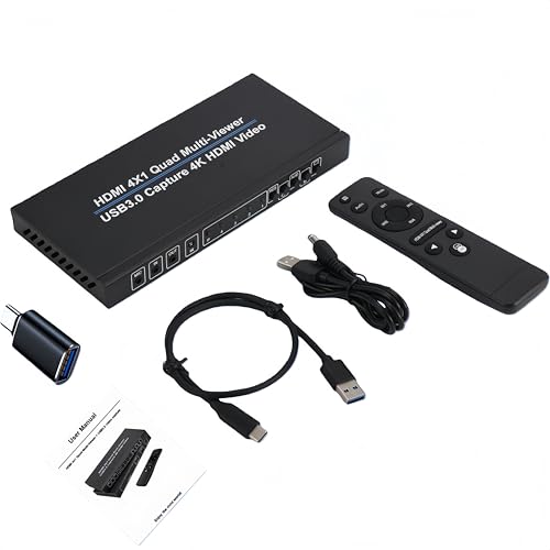 Image of ACHAVE HDMI 4x1 Quad Multi-Viewer with USB 3.0 Capture, 4K Video Converter, 10 Display Modes, Live Streaming Compatible, Black Metallic