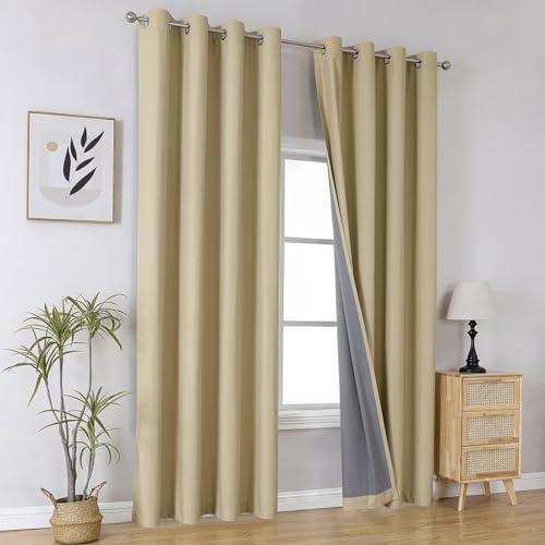Image of Joydeco Beige Blackout Curtains 108 Inches Long, Extra Long Curtains for Living Room Bedroom, Grommet Total Room Darkening Drapes Grommets Solid Drapes for Bedroom Windows