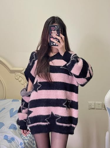 Goth Star Print Sweater Y2K Graphic Knit Striped Grunge Streetear Clothes3