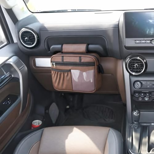 Image of Grab Handle Bag | Dashboard Grab Handle Storage Organiser | 2 Compartments with Transparent Pocket | Compatible with Thar, Jimny, Gypsy, Jeep, Gurkha and Other SUVs and Car | PU Leather | Brown