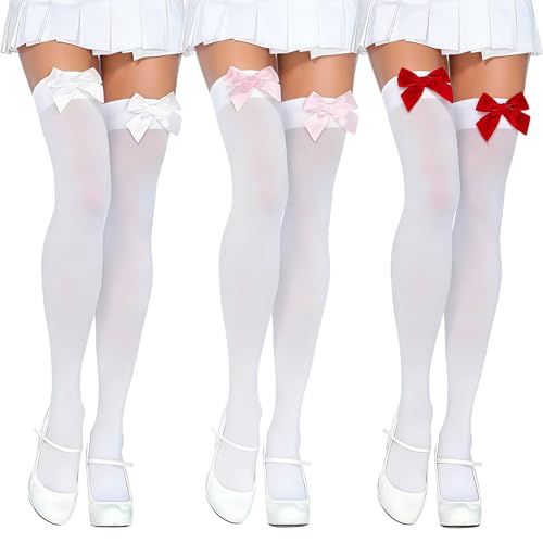 AYNKH Lot de 3 Bas Overknees Femme Blancs, Chaussettes Hautes avec Nœud, Bas Opaques au-dessus du Genou, Style Lolita pour Cosplay, Fêtes, Halloween et...