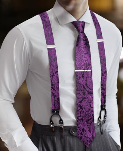 Image of Barry.Wang Men Suspender Set with Necktie Elastic Y Type Heavy Duty 6 Clips Braces Tie Handkerchief Cufflink Pin 6PCS
