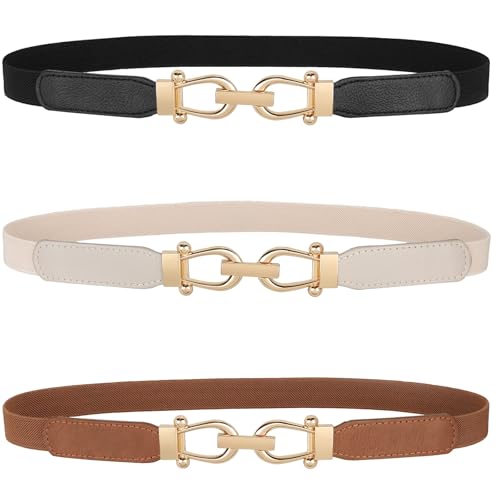 JASGOOD Women Skinny Elastic Belt for Dresses,Thin Retro Stretch Waist Belt with Golden Buckle 3 Pack,Black+Brown+Beige
