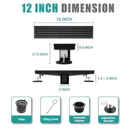Image of BARONAGE Linear Shower Drain 12 Inch, Square Grate, Matte Black | V-shaped Rapid Linear Drains, Rustproof, Hair Catcher, 304 Stainless Steel Rectangle Shower Floor Drain For Bathroom
