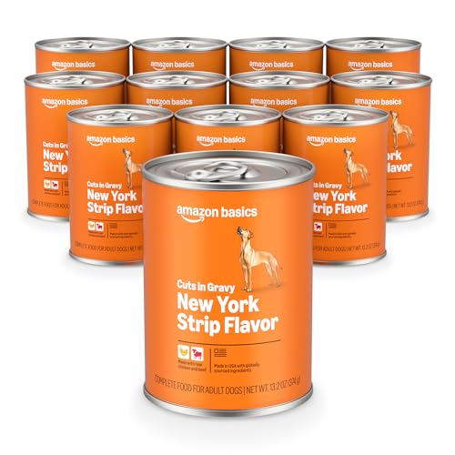 Image of Amazon Basics Wet Dog Food, Cuts in Gravy, New York Strip Flavor, Made with Real Chicken & Beef, 13.2 oz can (Pack of 12)