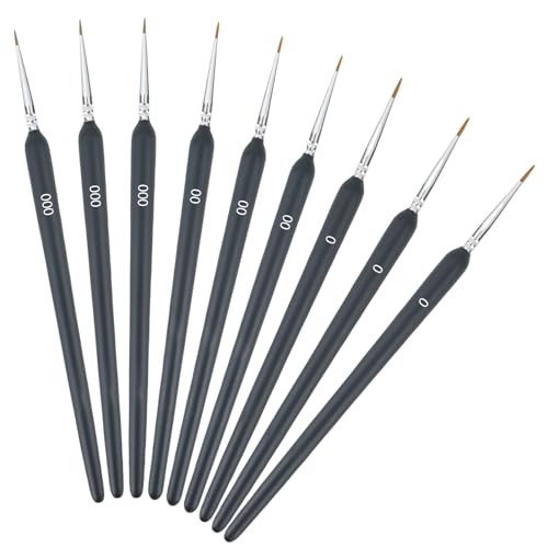 Set de 9 Pinceles para Pintura Miniatura, Acuarela y Acrílico, Pinceles de Nailon Suave, Mangos Ergonómicos de Madera, 3 Tamaños (0, 00, 000), Negro