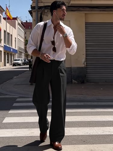 Image of JMIERR Mens Baggy Casual Dress Pants Lightweight Pleated Old Money Wide Leg Pants Loose Relaxed Fit Trousers