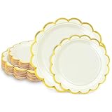 LIKAJON 50 Pcs Ivory Paper Plates, 25 Pcs 9' and 25 Pcs 7' Disposable Ivory Scalloped Plates with Gold Foil for Graduation Wedding Baby Shower Birthday Party Picnic BBQ