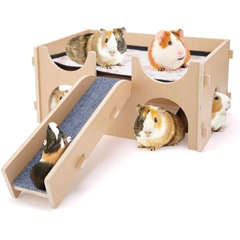HOOTO Guinea Pigs Hideout Wooden House with Ramp, Castle for Bunny Hamsters Chinchillas Playing, Hiding Cover