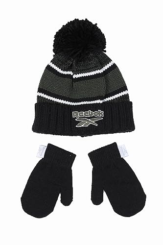 Reebok 2-Piece Toddler Winter Hat and Mittens Set - Warm Knitted Pom Beanie & Gloves, Cozy Cold Weather Accessories for Girls/Boys Ages 2-4, Black