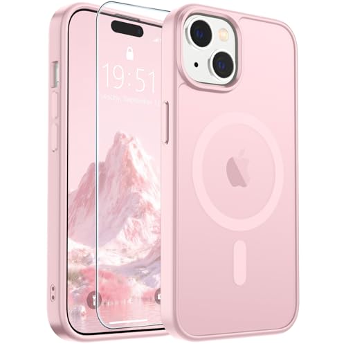 Image of SUPFINE Magnetic for iPhone 15 Case with Screen Protector (Compatible with MagSafe) (Military Grade Drop Protection) Translucent Matte Shockproof Phone Cover,Light Pink