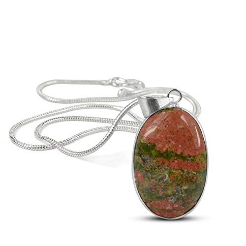 Image of Reiki Crystal Products AAA Unakite Pendant Natural Crystal Stone Pendant /Locket with Metal Chain Oval Shape for Reiki Healing and Crystal Healing Gemstone for Unisex (Color : Green)