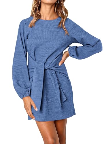 PRETTYGARDEN Womens Fall Elegant Long Lantern Sleeve Short Dress Wedding Guest Crewneck Tie Waist Knit Cocktail Dresses