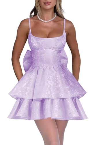 Jacquard Floral Satin Short Prom Dress Spaghetti Straps Puffy Mini Cocktail Party Gowns with Bow Back4